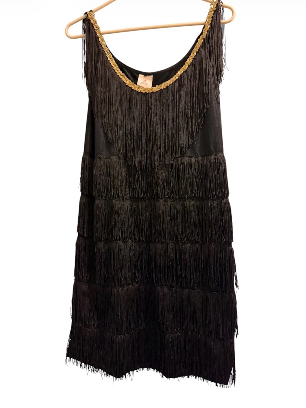 Black Fringe Flapper Sleeveless Dress with Gold Sequin Trim